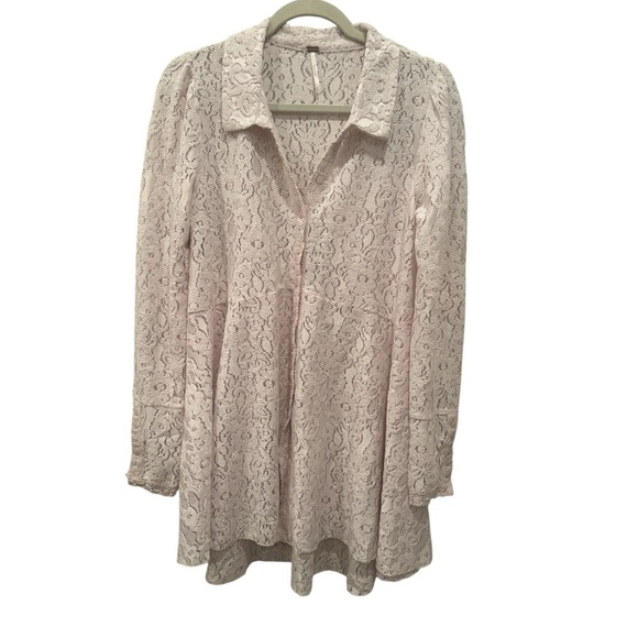 Free People Tops - Free People Boho Soft Pink Lace Long Sleeve Button Up Shirt-Sz Med